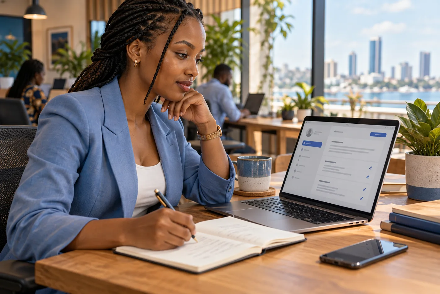 A professional reviewing CV details on a laptop